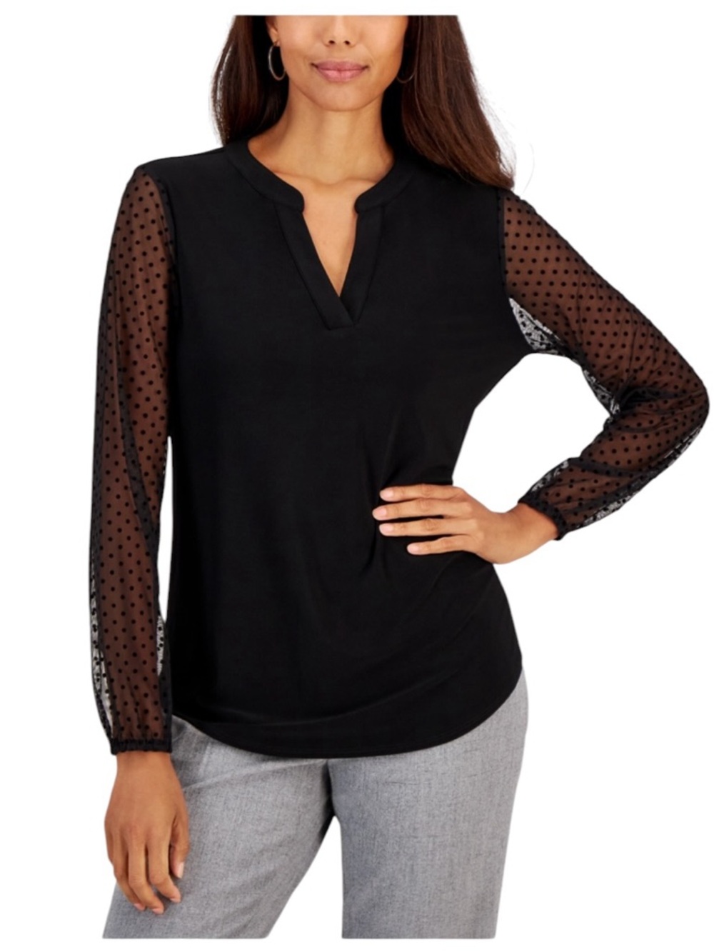 Kasper Black Split Neck Sheer Swiss Dot Long Sleeve Blouse NEW Size Medium
